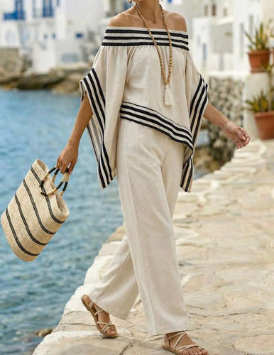 Pantalón Palazzo Y Blusa Hombros Descubiertos Verano Elisa