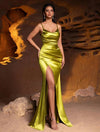 Vestidos Largo De Fiesta Raso Brillante Corte Sirena Kica Verde Oliva Raso Brillante S