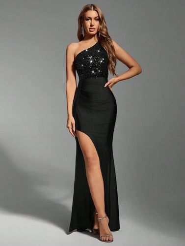 Vestido Largo De Fiesta Lentejuela Y Raso Kica Negro Lentejuelas/raso L