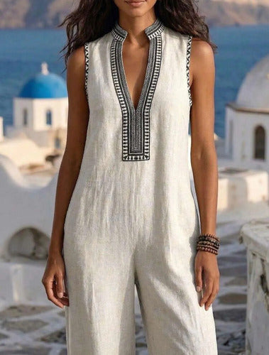 Mono Enterito Lino Bordado Largo Elisa Beige Lino L
