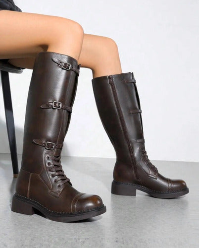 Botas Caño Alto Biker Eco Cuero Hebillas Y Cierre Kica
