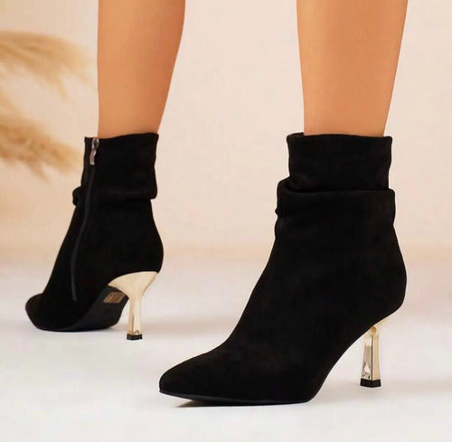 Botineta Bota Corta Taco Dorado Gamuza Kica Negro Gamuza 36.5 Eu