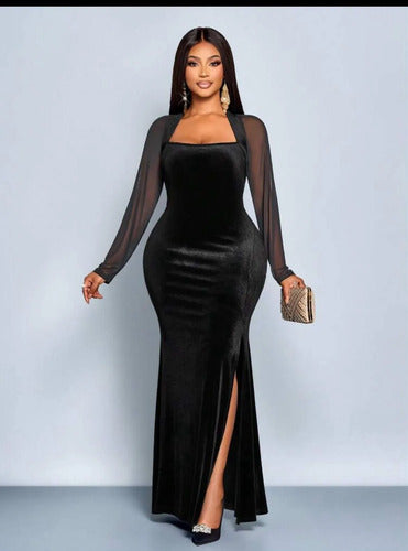 Vestido Largo De Fiesta Terciopelo Ajustado Negro Terciopelo 1xl