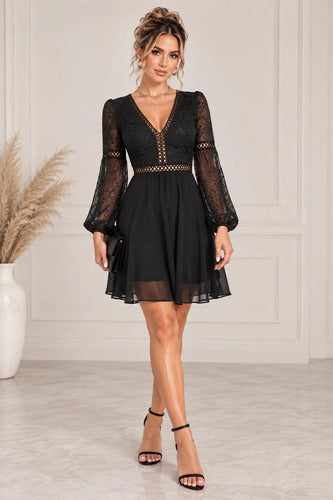 Vestido Corto Fiesta Gasa Bordado Elegante Elisa Negro Bordado Xl